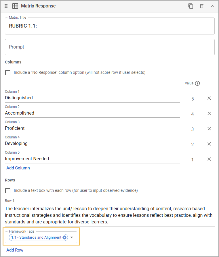 A matrix response item on a Summative form with the framework tag highlighted.